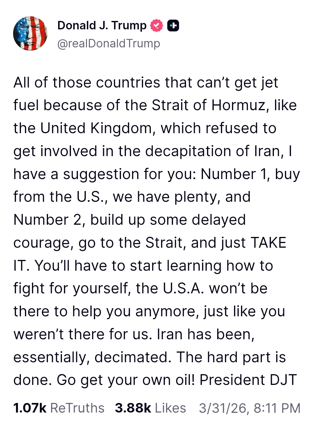 트럼프 : 꼬우면 미국으로부터 석유를 사면 될거 아냐?