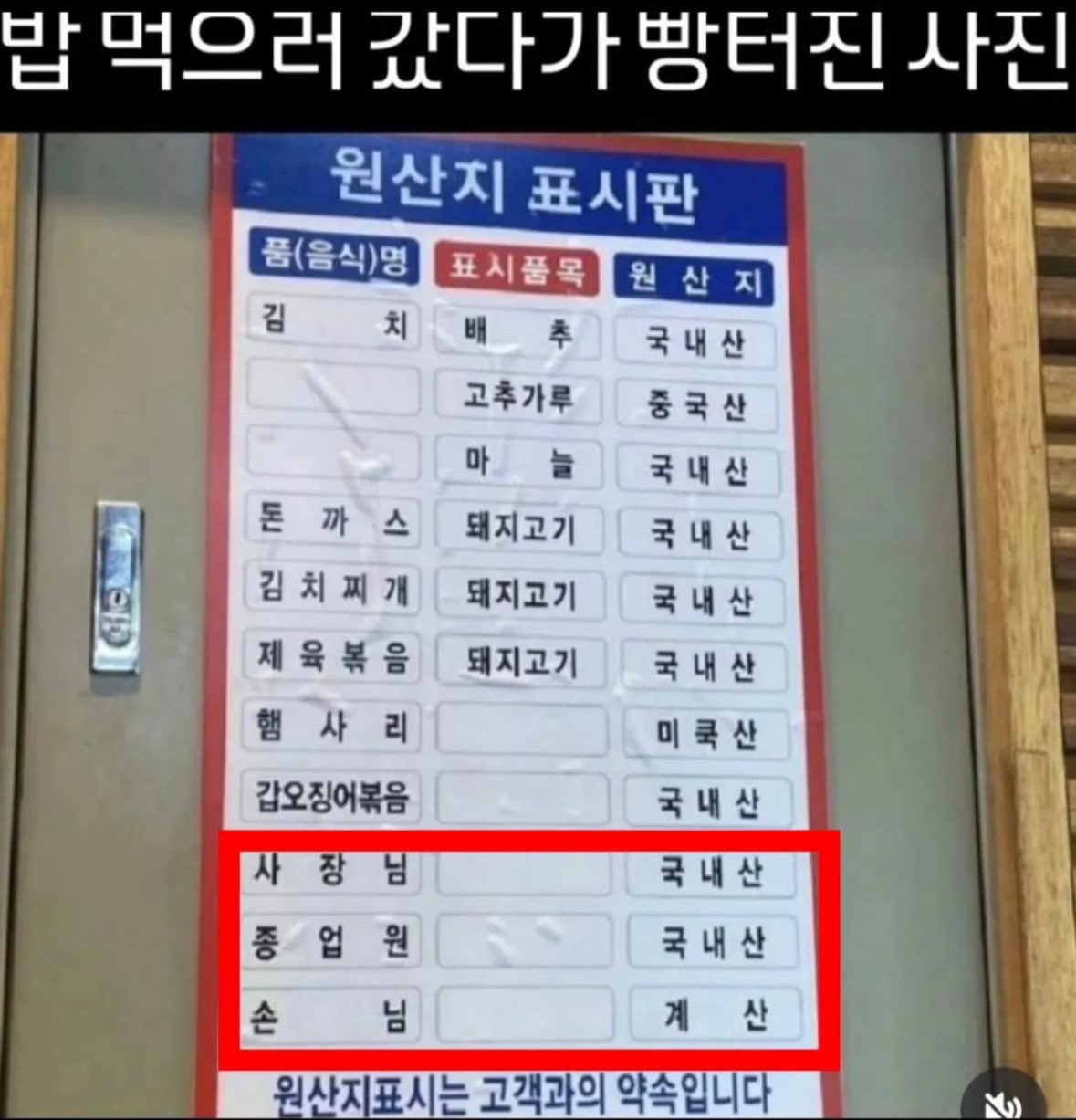 식당 원산지 표시판
